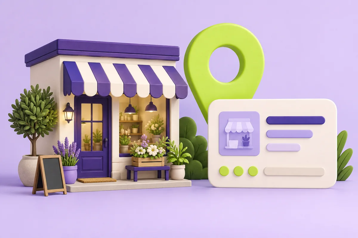 Boutique miniature avec un rep&egrave;re vert et une fiche d&rsquo;&eacute;tablissement