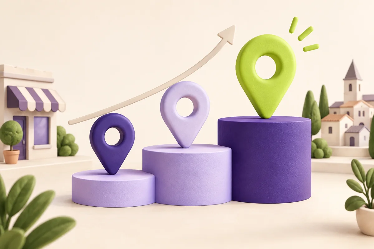 Trois rep&egrave;res de localisation sur des plateformes violettes de diff&eacute;rentes hauteurs