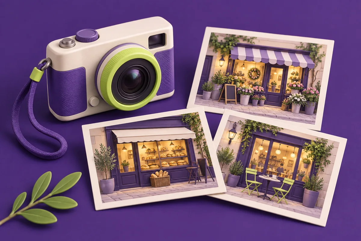 Appareil photo violet et cr&egrave;me avec des images de commerces de quartier