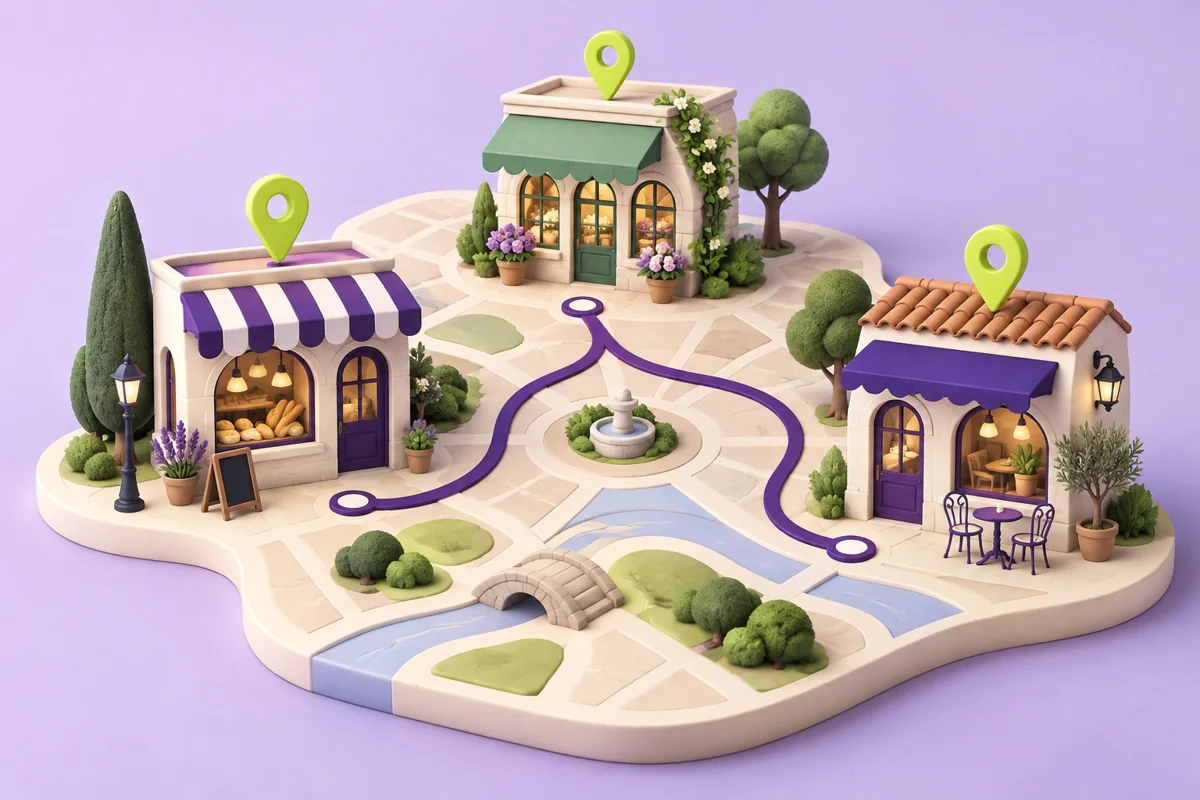 Trois boutiques distinctes reli&eacute;es sur une carte avec des rep&egrave;res verts